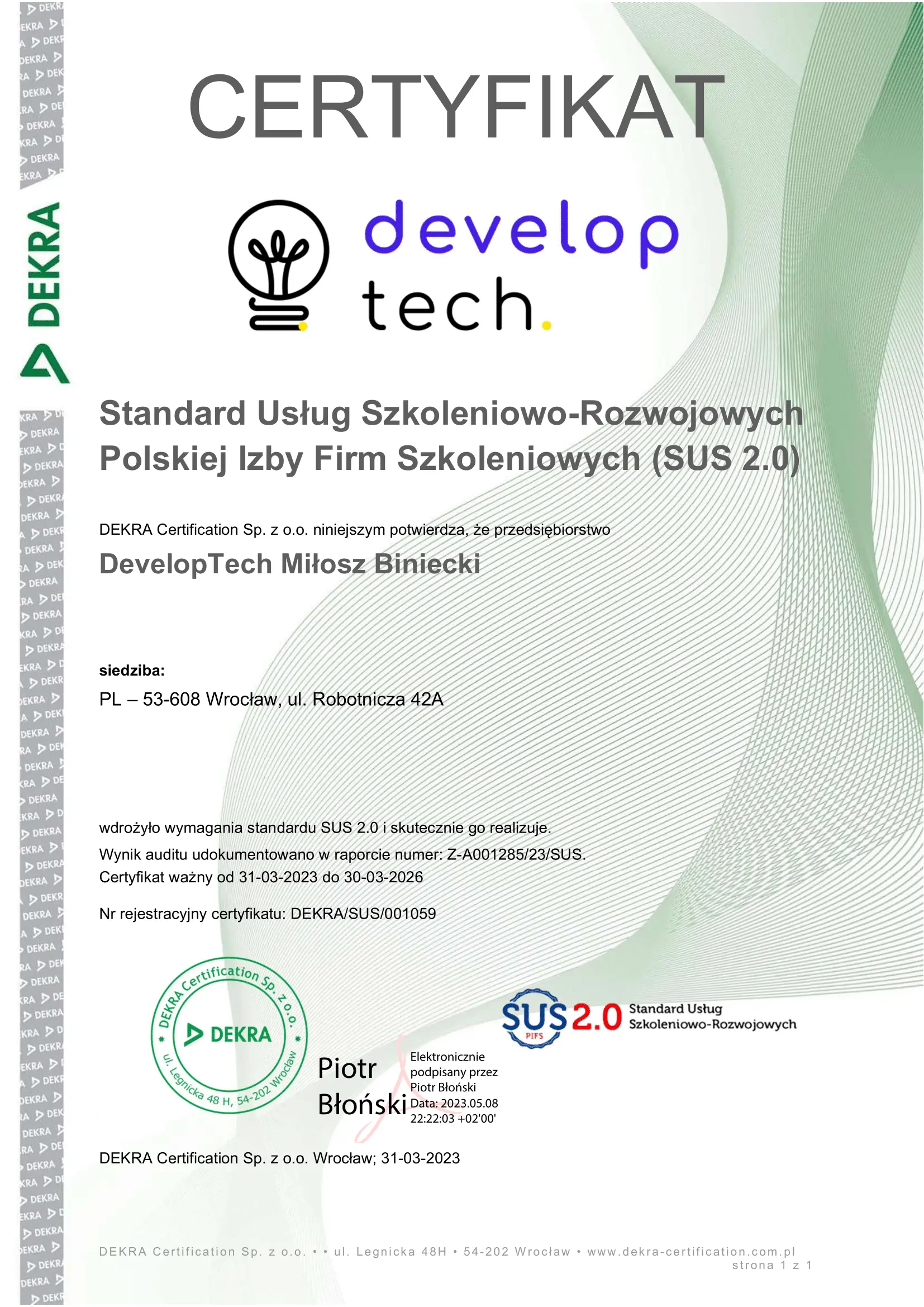 Certyfikat SUS 2.0 - DevelopTech Miłosz Biniecki